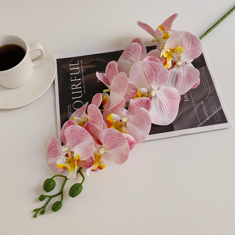 Simulación de flores 9 cabezas 3D impresión orquídea de mariposa sensación de goma suave flores falsas de boda en el hogar flores decorativas de boda flores