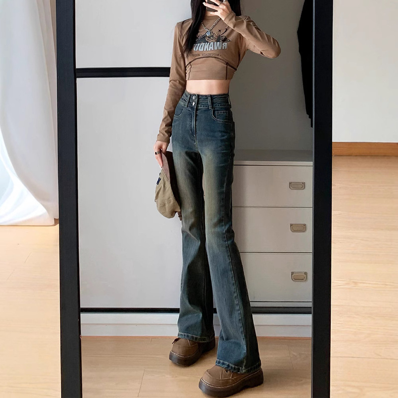 High-Waisted Slightly Flared Cement Gray Jeans for Women 2026 Spring and Autumn New Style High-Waisted Loose Slimming Elastic Flared Pants