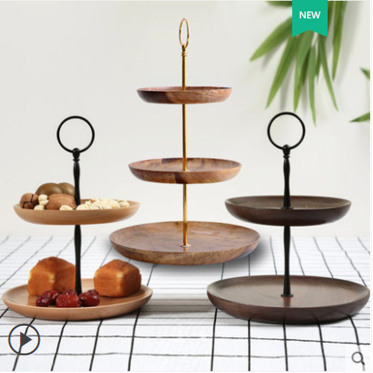 Madera de madera sólida de nuez negra bandeja de doble capa bandeja de frutas secas bandeja de té bandeja de pasteles de bocadillos bandeja de postre marco multicapa