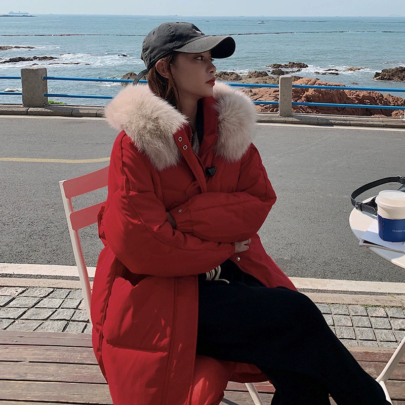Длинное пуховое хлопковое пальто с большим шерстяным воротником и капюшоном выше колена, женская новая зимняя свободная хлопковая куртка больших размеров, внешняя торговля