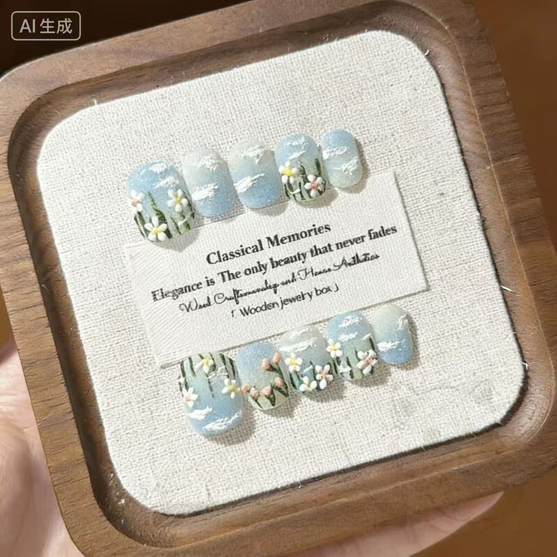 Summer New Pure Handmade Wearable Nails, Hand-Painted Oil Paintings, Chinese Style High-End Blue Smudged Pastoral Cute Manicure Pieces