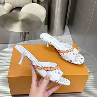 European and American 2025 spring and summer new denim one-line strap open-toe sandals for women printed cat heels high heels women's shoes classic