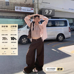 宋正恩咖色阔腿牛仔工装裤女2025秋季新款高腰直筒百搭拖地长裤子