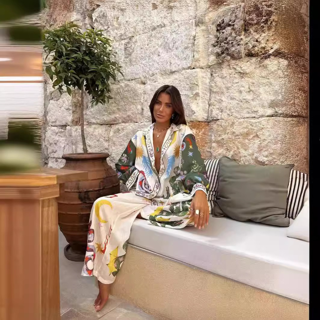 Nuovo set di camicia a maniche lunghe in lino con stampa personalizzata a tema macaron._voghion.com