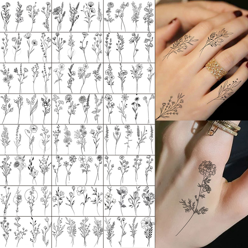 Cross-Border New Style Sketch Single Flower Temporary Tattoo Sticker Finger Tattoo Sticker Amazon Tattoo Europe and America Temu