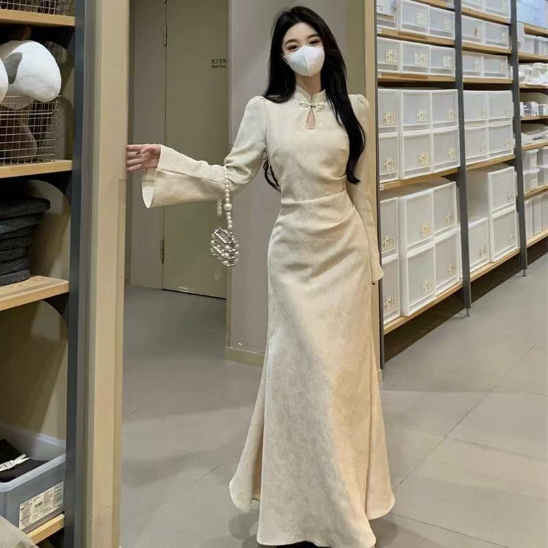Платье цисан (cheongsam) для женщин, французский стиль осень, макси с юбкой и бретельным дизайном, больших размеров