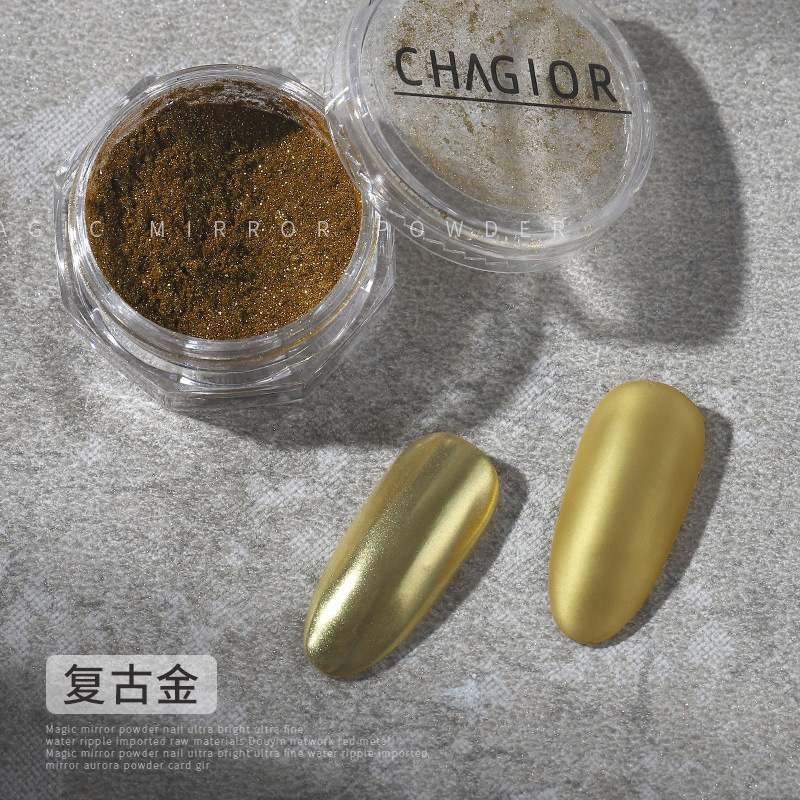 Uñas espejo mágico polvo champán Aurora Plata Metálico pintura brillo fuerte espejo fino Super Flash Shell 8 colores