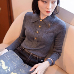港米服饰2025秋冬打底衬衫女polo领灰色羊毛修身显瘦针织衫上衣