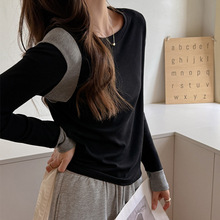 新款撞色拼接圆领螺纹正肩长袖t恤女士内搭秋冬可外穿打底衫上衣