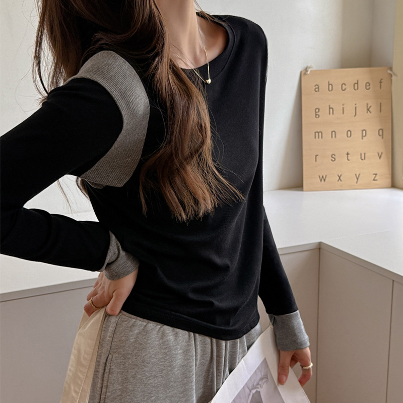 新款撞色拼接圆领螺纹正肩长袖t恤女士内搭秋冬可外穿打底衫上衣