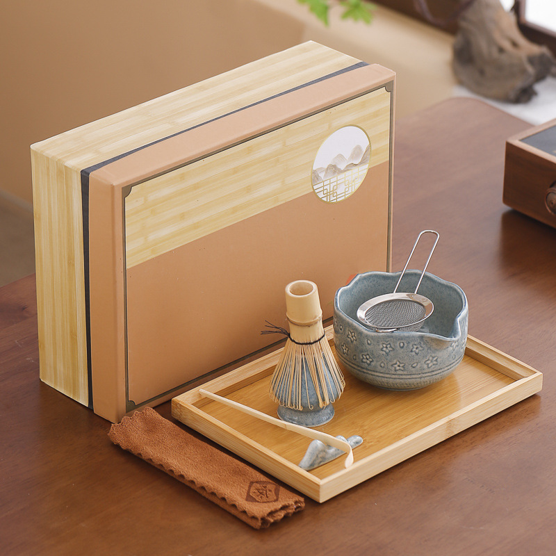 カスタマイズロゴクロスボーダー専用抹茶マッハセット ブルー7点セット 抹茶茶碗口付き 茶筅 百本立|undefined
