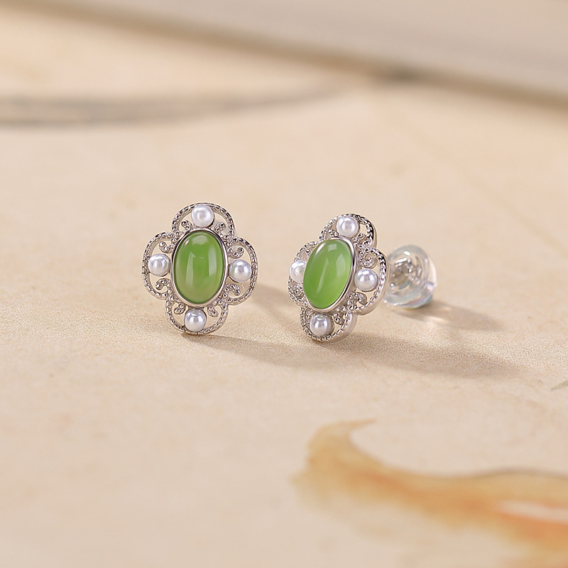 Khuyên tai bạc S925 đính ngọc bích hình tứ phương như ý — Cặp đôi