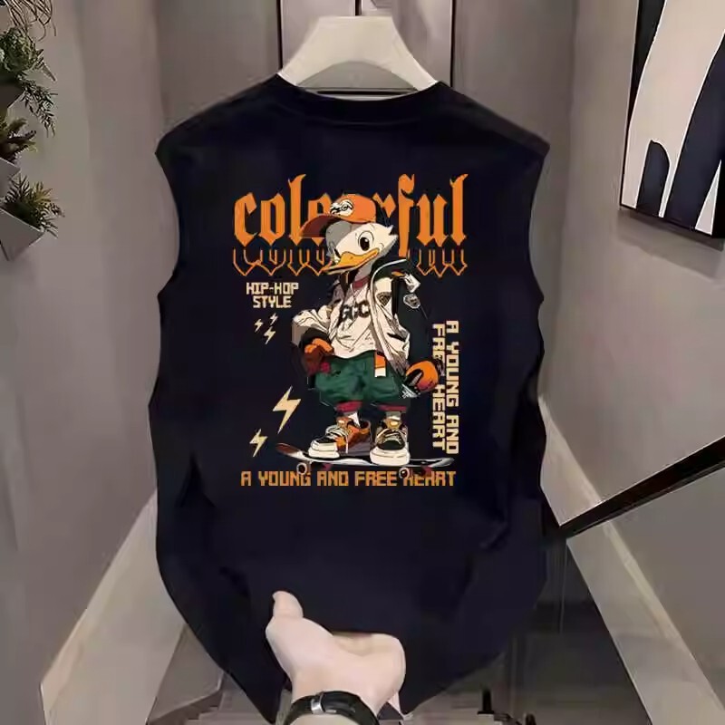Men's Summer Trendy Creative Cartoon Print Sleeveless Vest Wide-Shoulder Outerwear Sports Fitness Wear Men's Summer Trendy Creative Cartoon Print Sleeveless Vest Wide-Shoulder Outerwear Sports Fitness Wear
