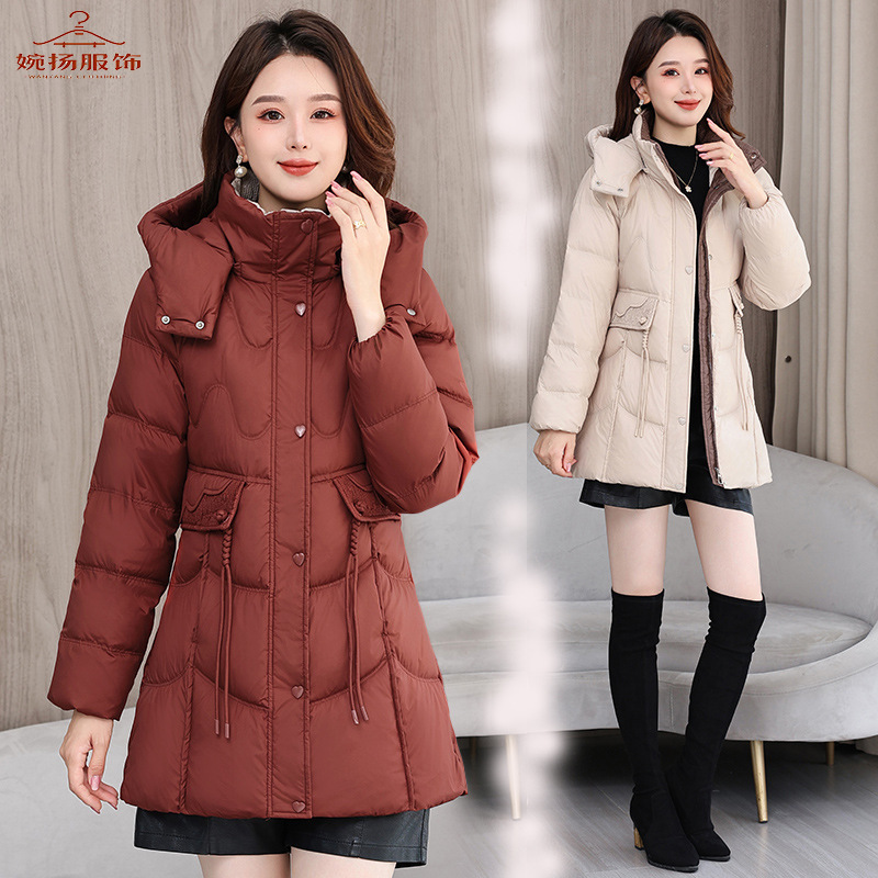 Lace Pocket down Jacket Women's Mid-Length 2025 Winter New Waist Hooded White Duck down Women's Warm Jacket