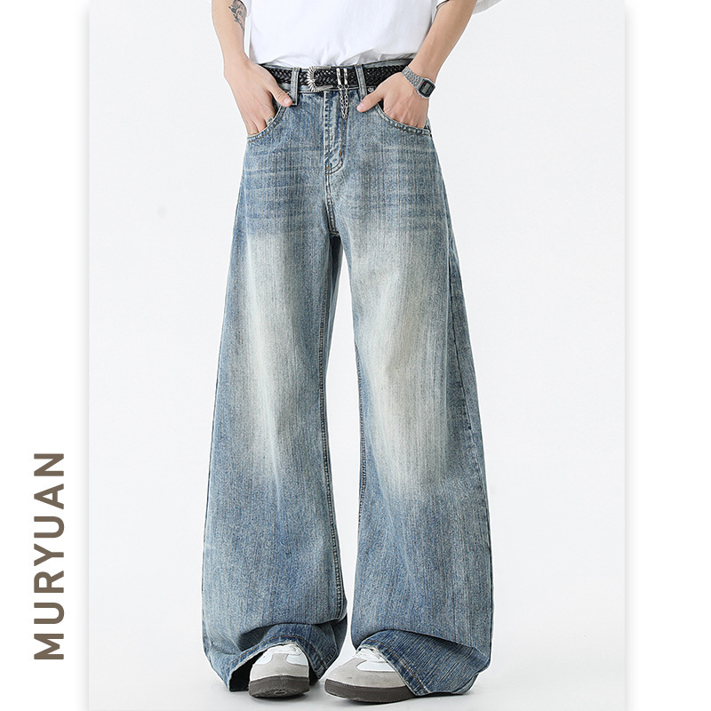 Muyuan Men's Clothing Cleanfit American-Style Bamboo Pattern Curved Jeans Unisex Loose Straight Wide-Leg Pants