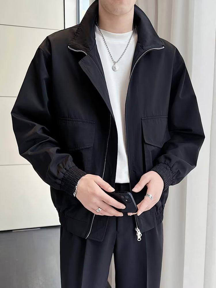 Stand up collar, cool men's spring autumn assault jacket, light mature style, high-end feel, workwear, trendy brand_voghion.com