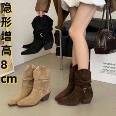 女王范复古粗跟西部牛仔靴女 2025新款秋季显瘦增高短靴绒面堆堆