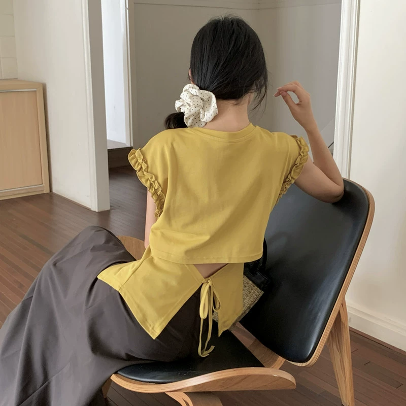 YS8 Real Shot Корейский стиль с рюшами сзади и завязками на плечах, футболка с короткими рукавами, нерегулярный утягивающий топ с круглым вырезом