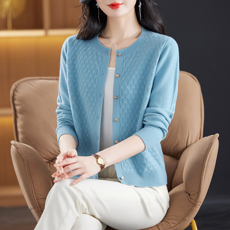 时尚提花休闲针织全毛外套圆领纯羊毛妈妈装秋冬新款中年毛衣开衫，女装针织衫/毛衣，妃慕昵服饰