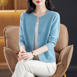 时尚提花休闲针织全毛外套圆领纯羊毛妈妈装秋冬新款中年毛衣开衫，女装针织衫/毛衣，妃慕昵服饰