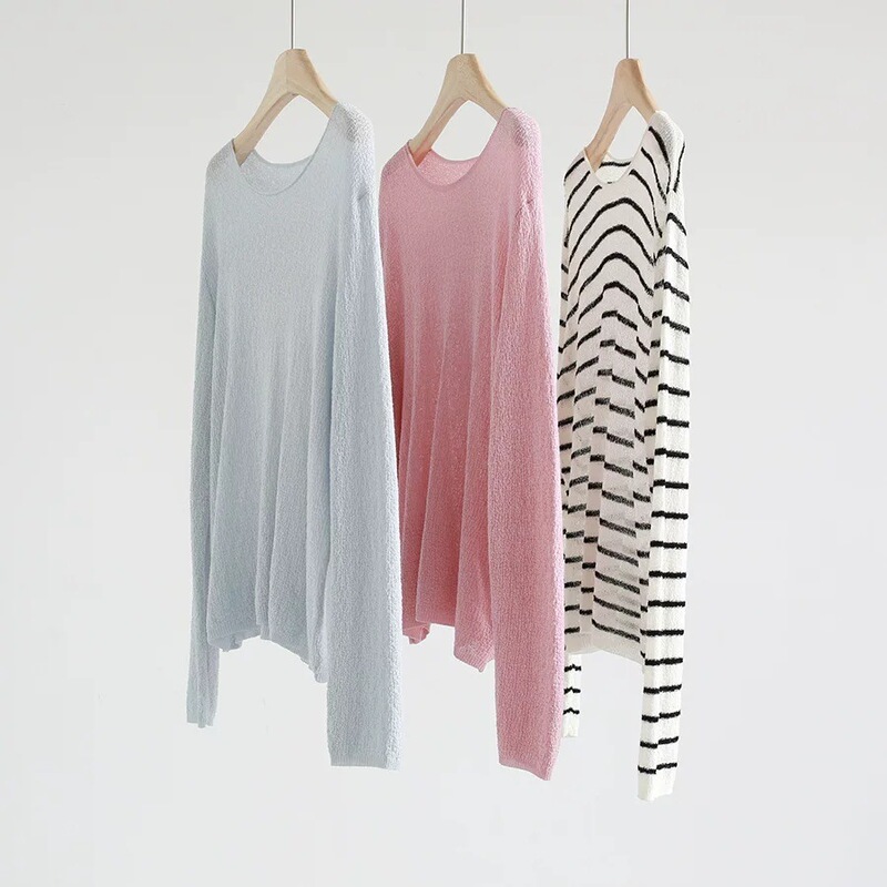 Tianshuang Linen! Early Spring Dopamine-Style Off-The-Shoulder Knit Top with a Breathable and Refreshing Feel, Long-Sleeve Sun Protection Cover-Up