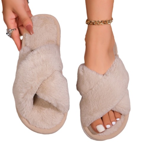 Cross-border slippers with cross opening, suitable for spring and autumn home use, anti-slip flat sole, couple style, fashionable and simple, open-toe fur slippers