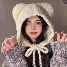 帽子女冬季新款可爱小熊毛绒燕尾熊帽子百搭保暖毛线帽护耳针织帽