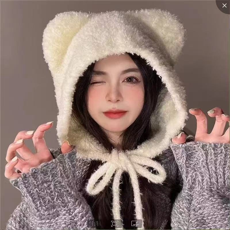帽子女冬季新款可爱小熊毛绒燕尾熊帽子百搭保暖毛线帽护耳针织帽