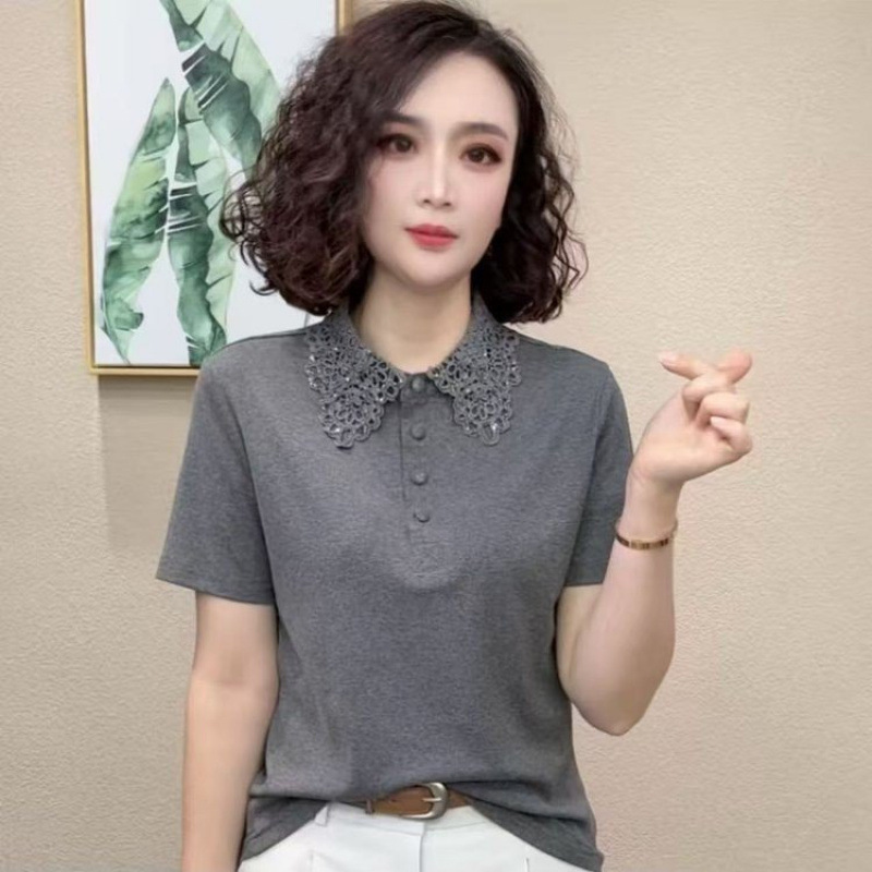 2026 Early Summer New Style T-Shirt Versatile Patchwork Solid Color Lace Hand-Beaded Elegant Short-Sleeve Slimming Top 2026 Early Summer New Style T-Shirt Versatile Patchwork Solid Color Lace Hand-Beaded Elegant Short-Sleeve Slimming Top
