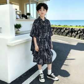 男童夏装衬衫短袖套装2026新款中大童夏季男孩薄款儿童花衬衣帅气