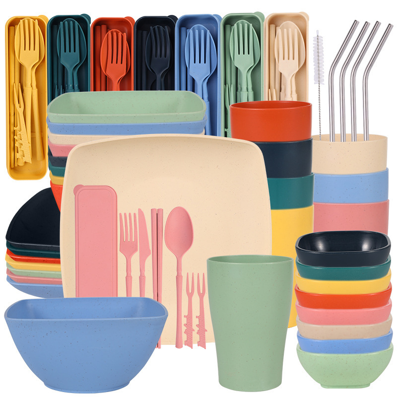 Cross-Border Square Wheat Straw Bowl, Plate, Cup, Knife, Fork, Spoon, Chopsticks, Straw, Outdoor Camping Portable Tableware Set