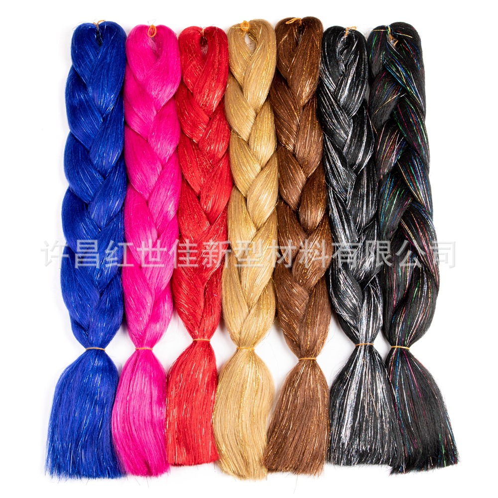 Láser colorido oro y plata seda trenza grande jumbo braiding hair con tinsel peluca de fibra química