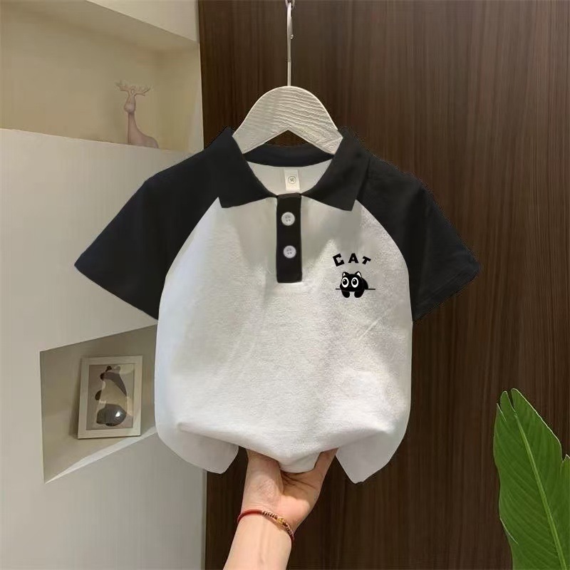 Boys' short-sleeved polo shirt, summer style, fashionable collared pure cotton t-shirt, boys' raglan short-sleeved top