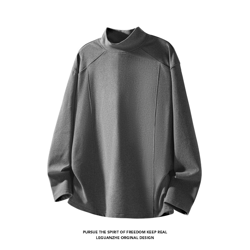 Gray Thermal Base Layer Shirt For Men Spring Spliced Deconstructed Half Turtleneck Sweatshirt Inner Wear American Style_voghion.com