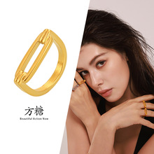 方糖欧美新款个性几何镂空型光面戒指女不锈钢镀金食指戒一件代发