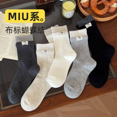 秋季新款布标蝴蝶结女士MIU系袜子棉质吸汗透气中筒袜ins风女袜子