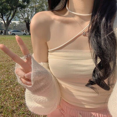 挂脖上衣女莼欲风辣妹紧身短款网纱不规则吊带背心内搭打底衫夏季|ru
