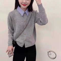 纯色羊绒开衫女修身翻领毛衣秋冬新款假俩件针织衫短外套加厚上衣