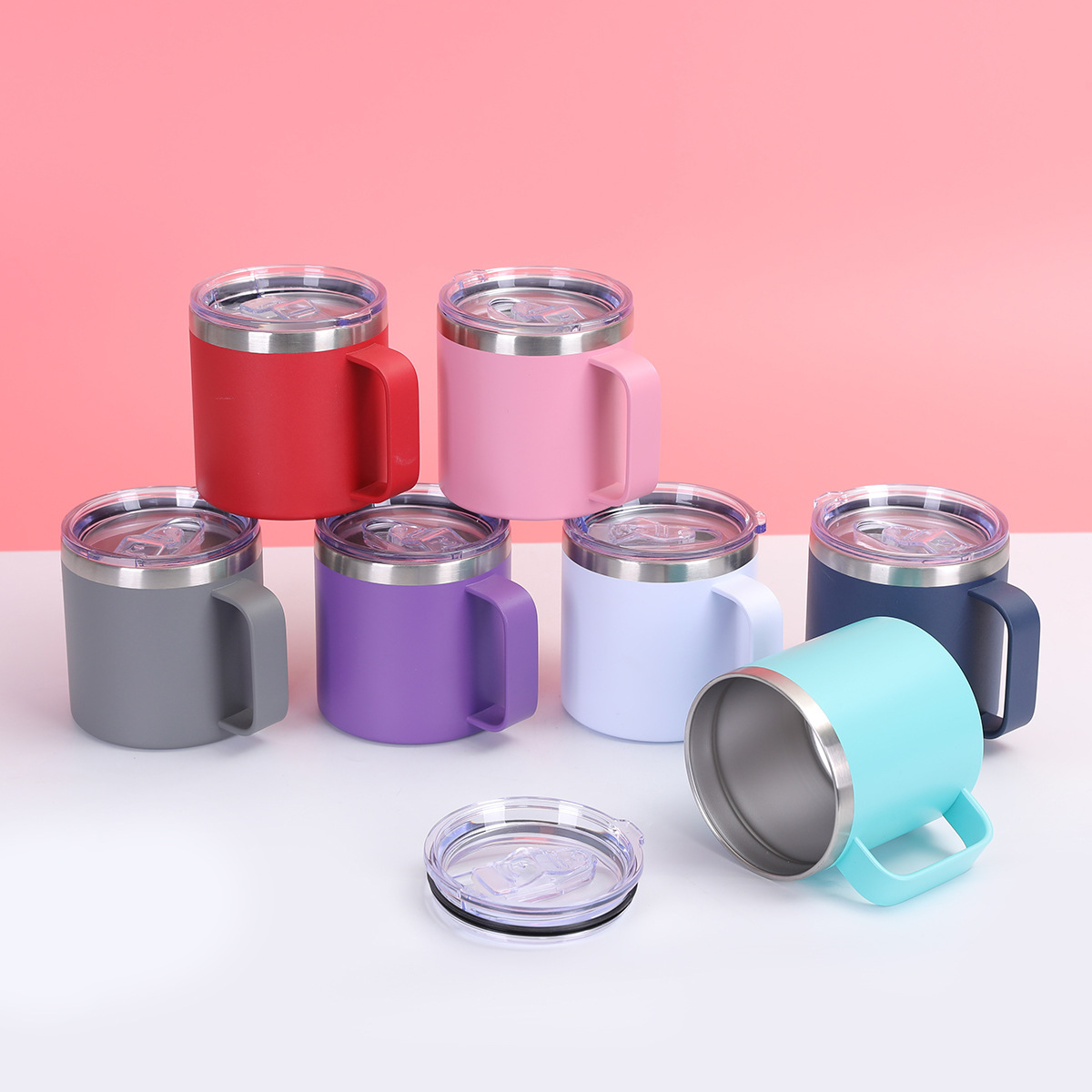 亚马逊14oz带手柄马克杯简约商务咖啡杯双层真空不锈钢手柄杯批发