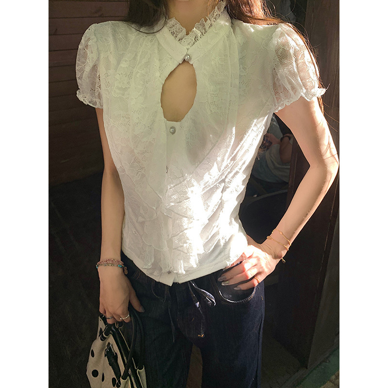 Magic Queen French Retro Palace Style Stand Collar Sexy Lace Short Sleeve Hollow Pleated Pure Desire Ruffle Blouse Magic Queen French Retro Palace Style Stand Collar Sexy Lace Short Sleeve Hollow Pleated Pure Desire Ruffle Blouse