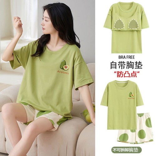 Summer short-sleeved pajamas with breast pads, women's two-piece pajamas, round neck pullover, printed home clothes, can be worn outside and shipped on behalf of others