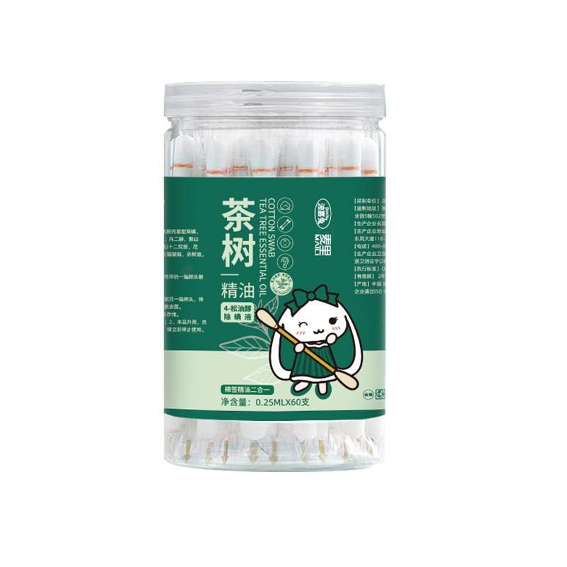 Tea tree essential oil cotton swabs in a barrel of 60 pieces