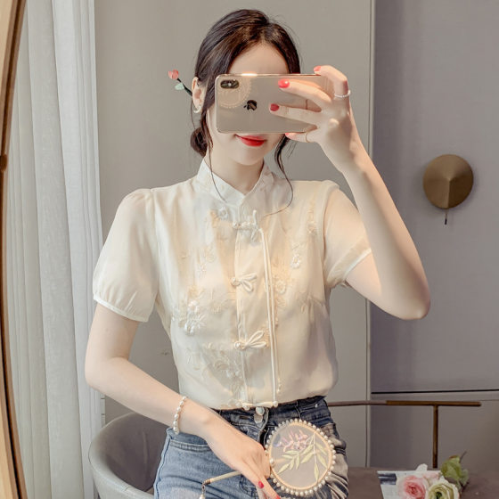 New Chinese Style National Style Embroidered Short-sleeved Shirt Women's Summer 2025 New Design Retro Cheongsam with Vertical Collar and Buckle Top