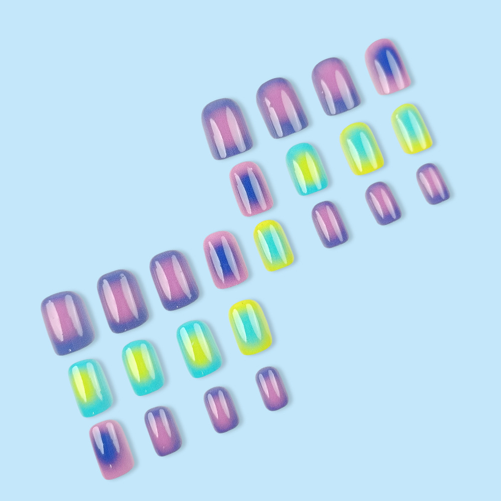 Comercio exterior fluorescente color gradiente desgaste de uñas europeas y estadounidenses violeta verde brillante cara uña falsa 24 piezas de uñas manicuras al por mayor image 4