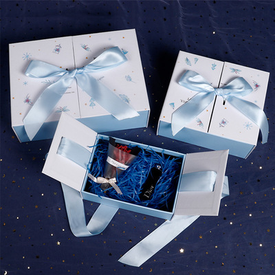 小清新双开礼品盒 蓝色蝴蝶结天地盖礼物盒护肤品口红包装盒现货