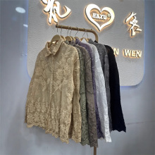 2024早春新款Polo领单排扣文艺棉麻蕾丝长袖衬衫减龄甜美少女衬衣