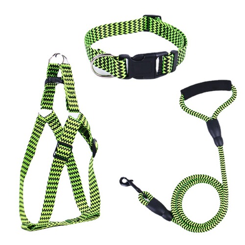 Wholesale W-pattern nylon pet dog harness walking leash set of three, suitable for small, medium, and large dogs, dog harness chest and back leash