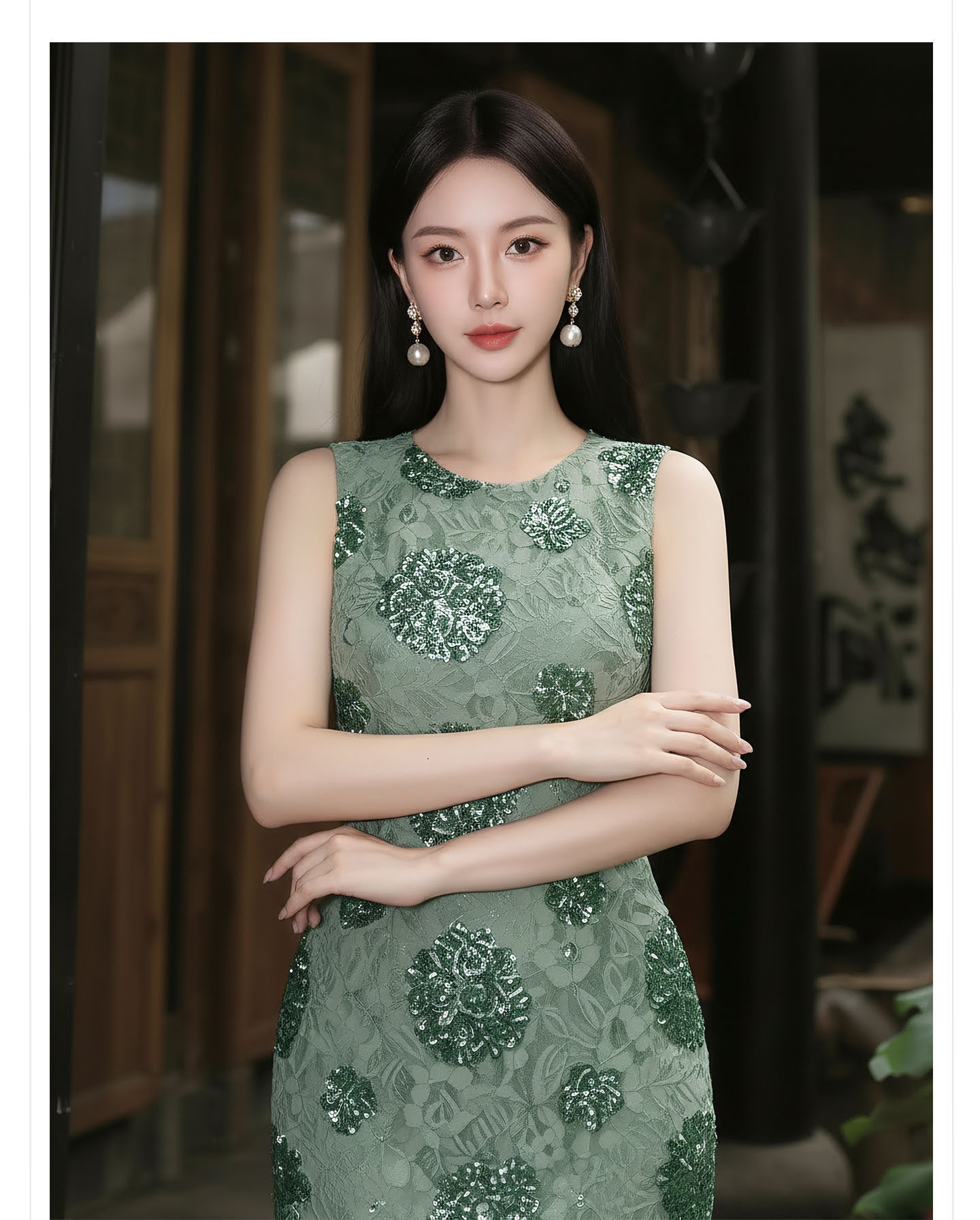 Đầm maxi nữ thắt eo họa tiết hoa nhí tay không cổ tròn — Xanh lá cây nhạtcolor chi tiết 9