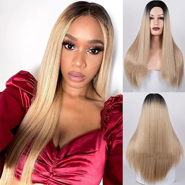Synthetic wig Women's medium length straight hair dyed gradient multi-color wig fashionable without bangs_voghion.com