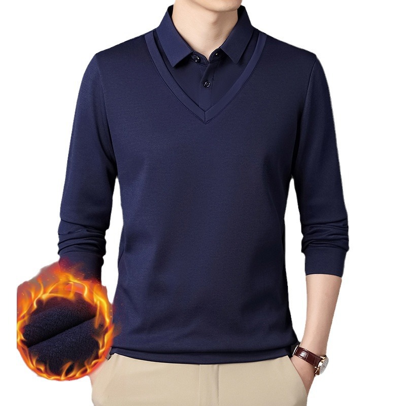 Fleece-forrado cálido falso suéter de dos piezas de los hombres de mediana edad engrosada suéter de solapa papá superior entrega de una pieza